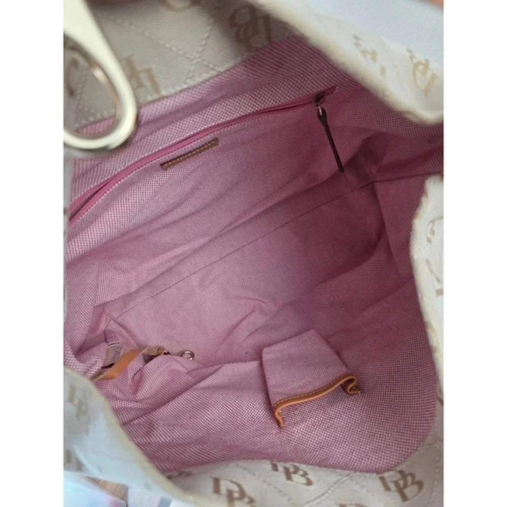 Dooney & Bourke Monogram Jacquard Canvas Hobo Bag Beige‎ Tan Leather Trim